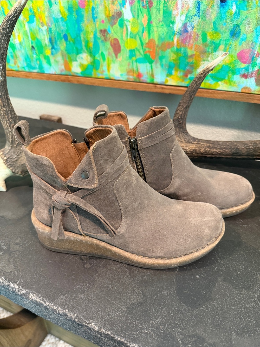 Born Suede Ankle Booties in Taupe with Side Tie